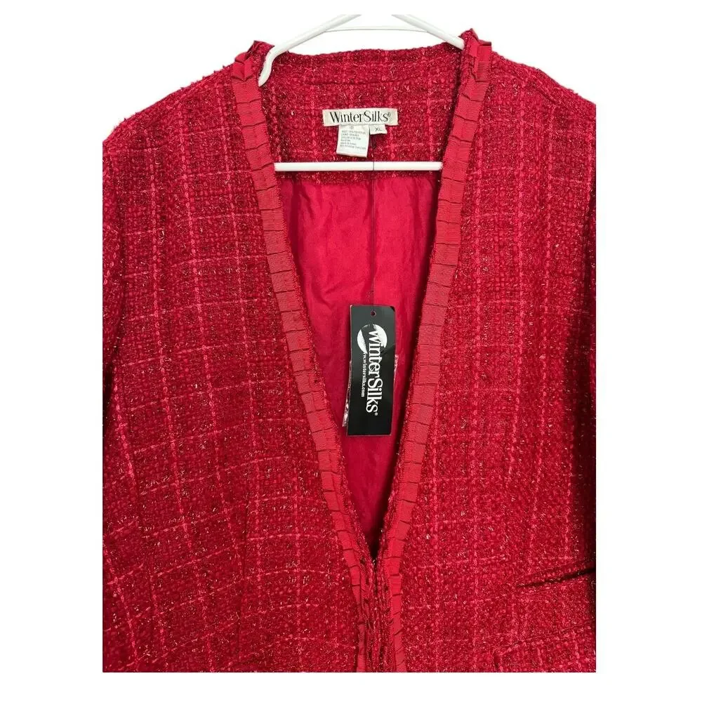 NWT WinterSilks red silk Multi Woven tweed collarless blazer coat size XL